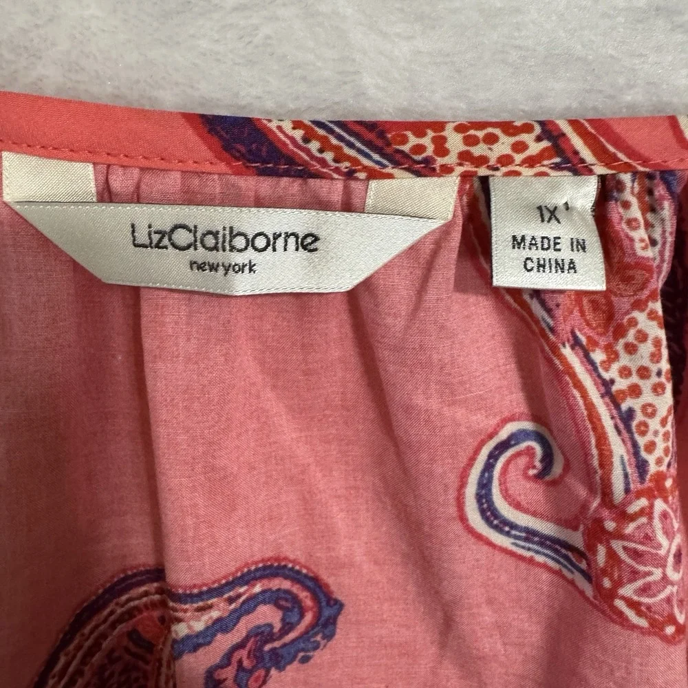 Liz Claiborne Coral Paisley Boho Blouse Top 1X Colorful‎ Resort Summer Shirt